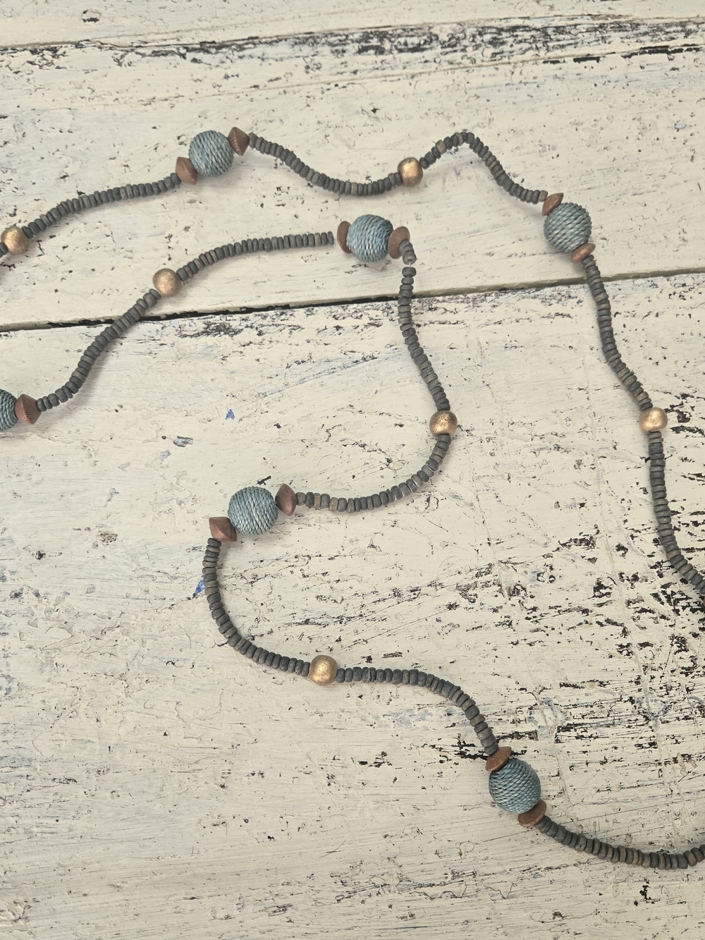 Boho Blue & Bronze Beaded Long Necklace 38” Woven Statement Jewelry